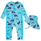 Toddler girls sunglasses shark print rash guard swimsuit with long sleeves, front zipper and matching sun hat for playful summer swimming.