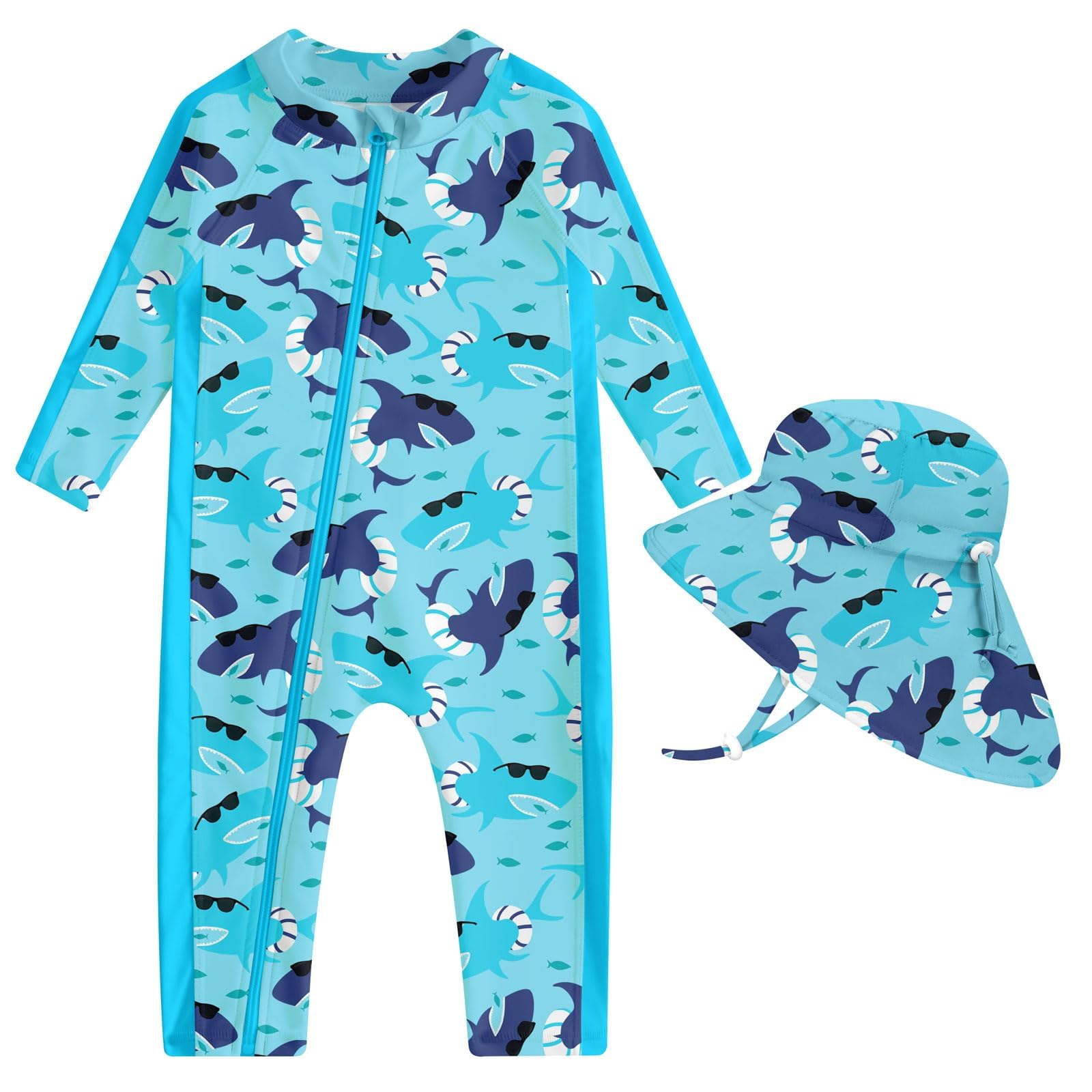 Toddler girls sunglasses shark print rash guard swimsuit with long sleeves, front zipper and matching sun hat for playful summer swimming.