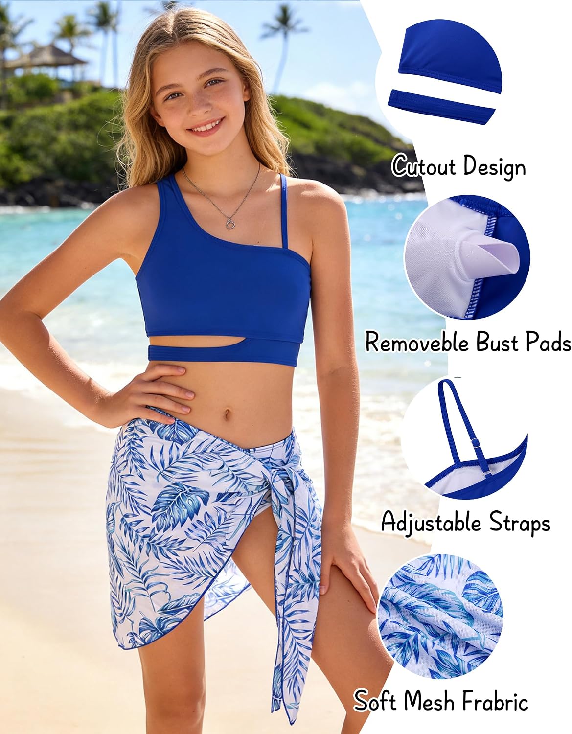 Girls three piece swimsuit feature guide showing adjustable straps, removable bust pads, cutout design and soft fabric details.
