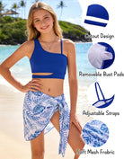 Girls three piece swimsuit feature guide showing adjustable straps, removable bust pads, cutout design and soft fabric details.