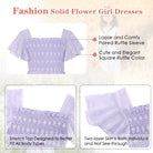 Close up details of girls Swiss dot chiffon dress showing ruffle collar, flutter sleeves, layered skirt and elegant fabric design.
