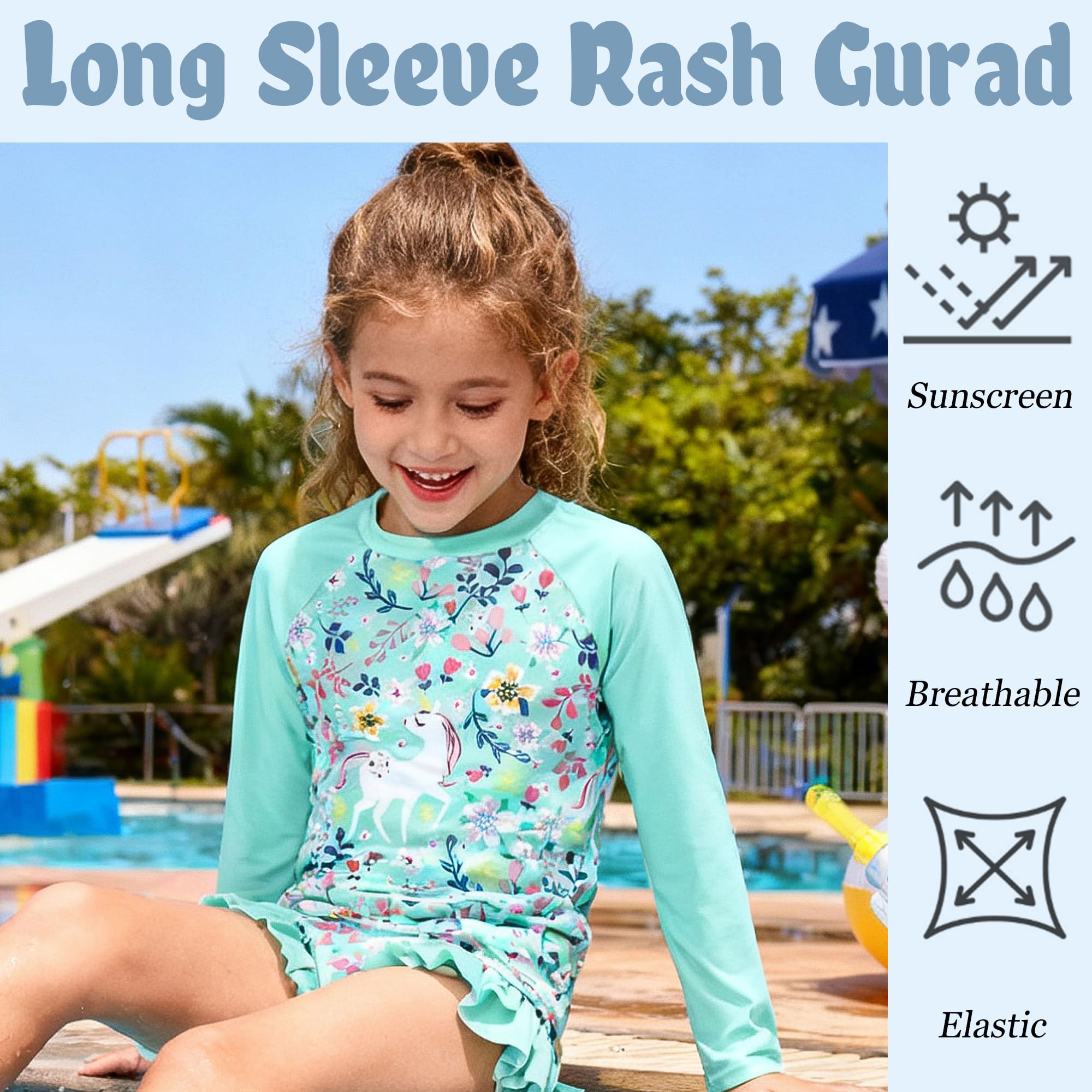 Girl wearing a three piece tankini rash guard swimsuit with long sleeves and shorts, perfect for swimming and beach activities.