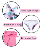 Close up details of girls tankini swimsuit set showing the tank style top, ruffle swim skirt and soft stretch fabric.