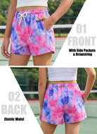Close up details of girls tie dye shorts showing adjustable drawstring waist, side pockets and comfortable lightweight fabric design.