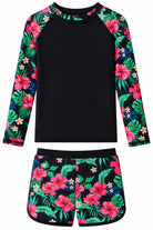 Girls tropical flowers long sleeve rash guard swimsuit set with colorful floral print, matching swim shorts and UV protection design for summer activities.