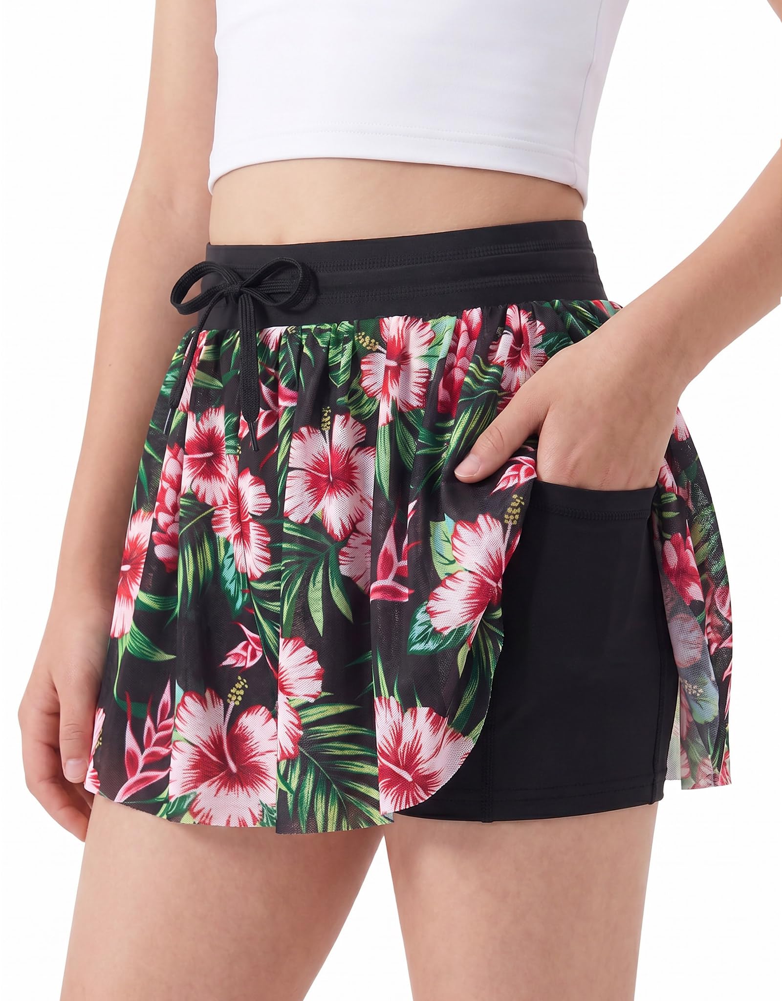 Girls tropical print sports shorts with high waist fit and side pockets, stylish casual bottoms for summer.
