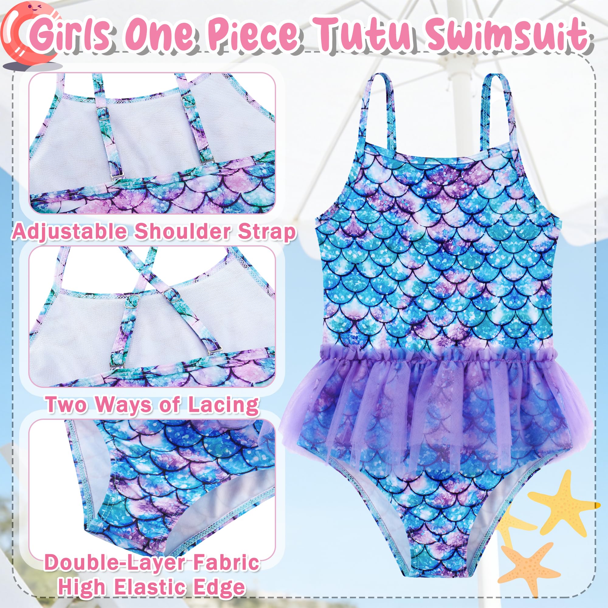 Girls tutu swimsuit showing adjustable shoulder straps, double layer mesh skirt and colorful printed design details.