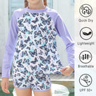 Girls long sleeve rash guard swimsuit featuring UPF 50+ sun protection, quick dry lightweight fabric and breathable design for outdoor swimming.