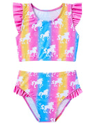 Girls colorful unicorn print two piece bikini set with ruffle shoulder top and matching bottoms for beach, pool and vacation wear.