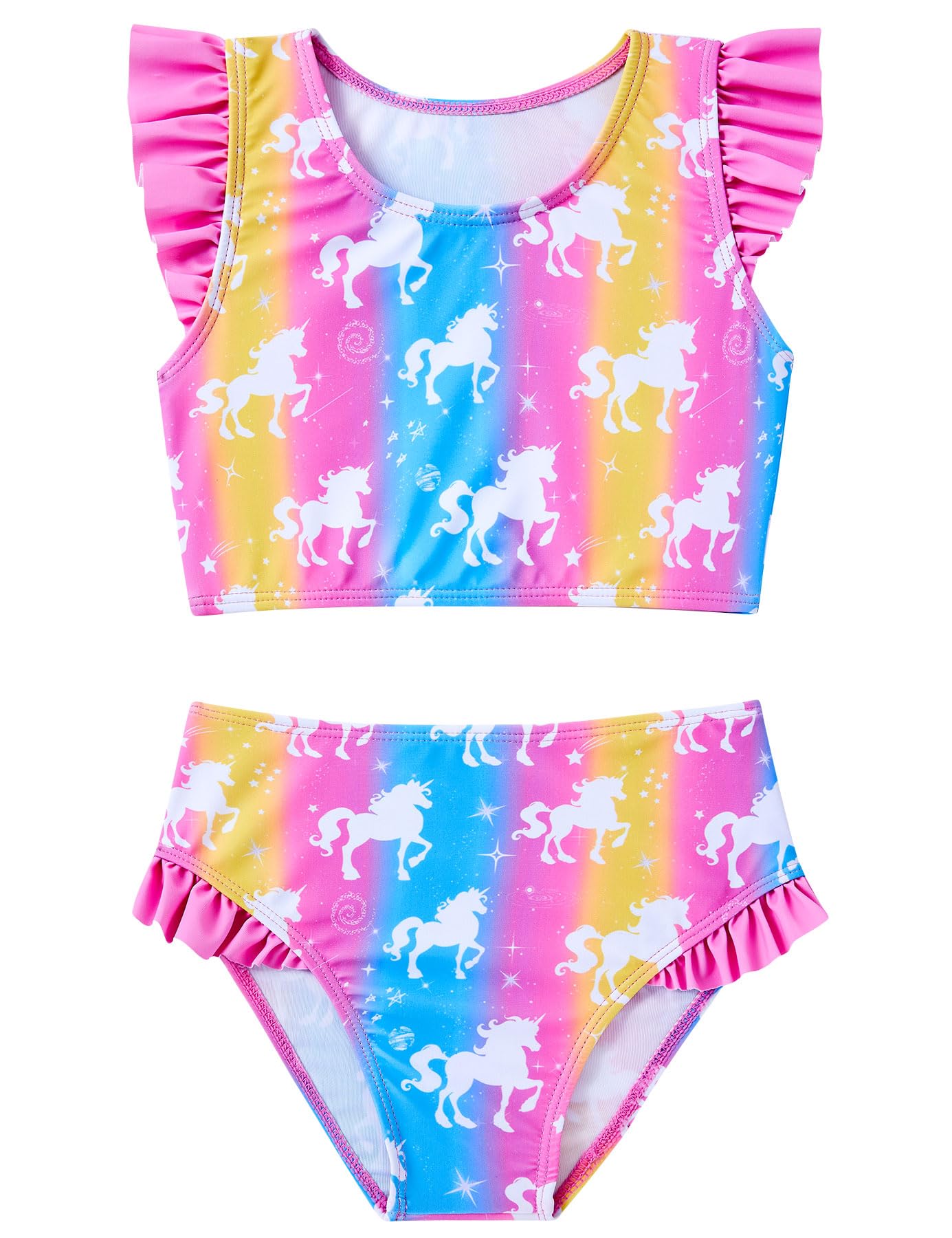 Girls colorful unicorn print two piece bikini set with ruffle shoulder top and matching bottoms for beach, pool and vacation wear.