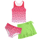 Girls watermelon print tankini swimsuit set with tank style top, matching bottoms and ruffle swim skirt, colorful kids swimwear for beach and pool days.