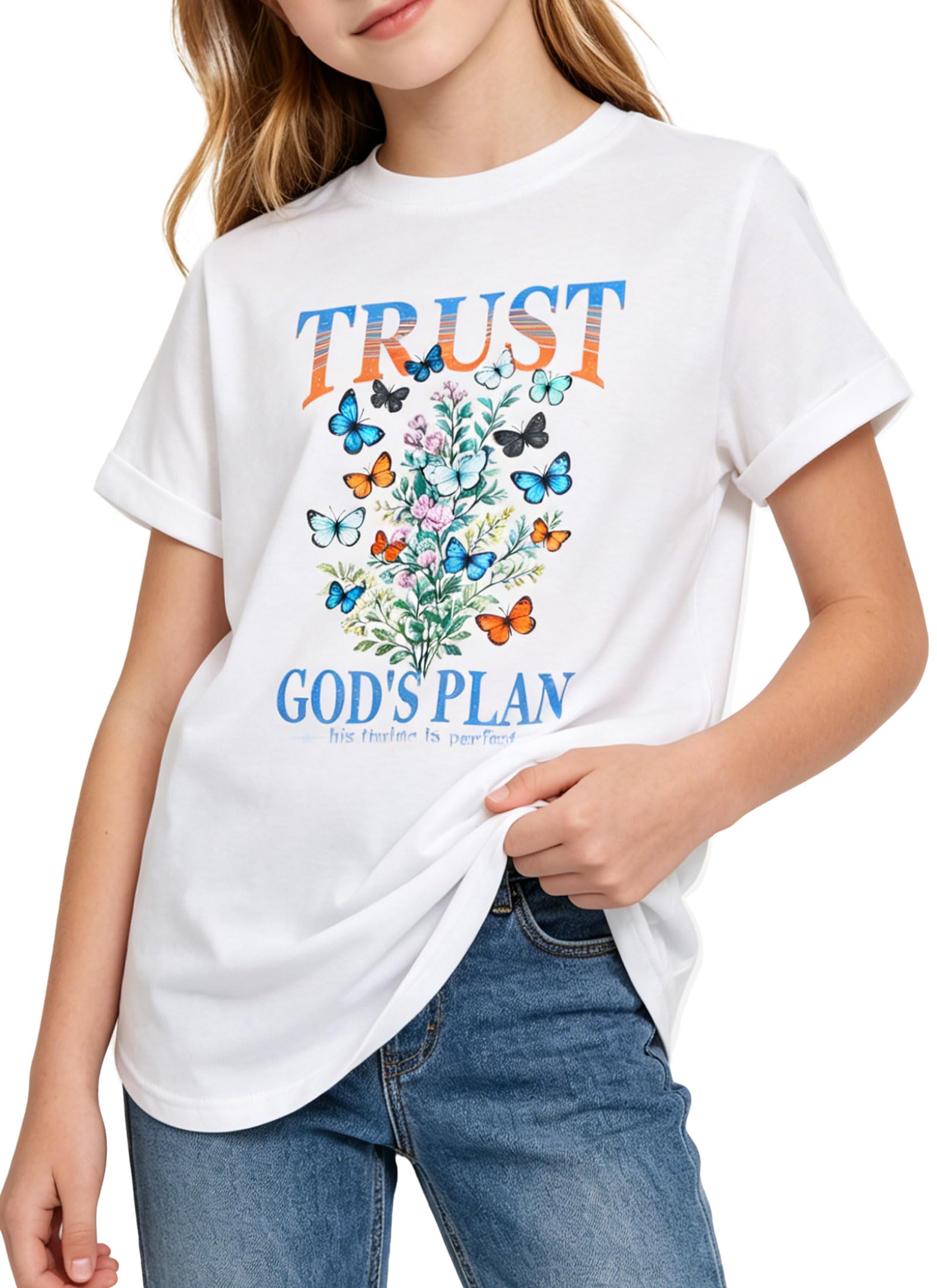 Girls white butterfly graphic T shirt with butterfly print design, comfortable short sleeve top for casual everyday wear.