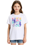 Girls white cat print T shirt with soft cotton blend fabric, cute casual top for school and daily activities.