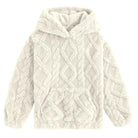 Girls white coral fleece hoodie with cozy plush texture, long sleeves and relaxed pullover design for fall and winter outfits.