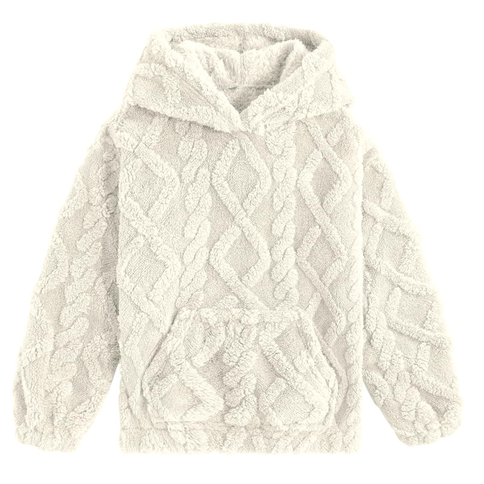 Girls white coral fleece hoodie with cozy plush texture, long sleeves and relaxed pullover design for fall and winter outfits.