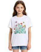 Girls white floral graphic tee with soft stretch fabric and cute flower print, perfect casual summer top.