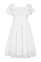 Girls white chiffon dress with elegant ruffle sleeves, ideal flower girl dress for weddings and formal events.