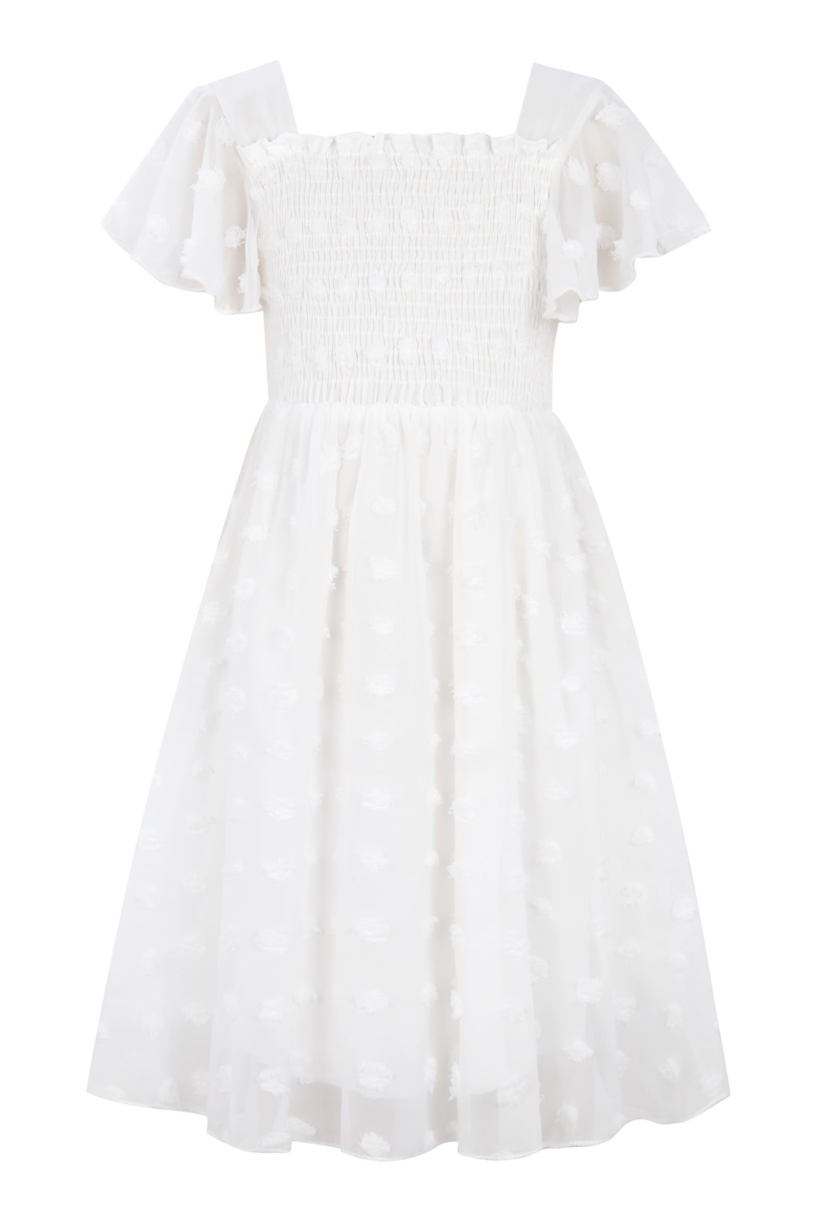 Girls white chiffon dress with elegant ruffle sleeves, ideal flower girl dress for weddings and formal events.