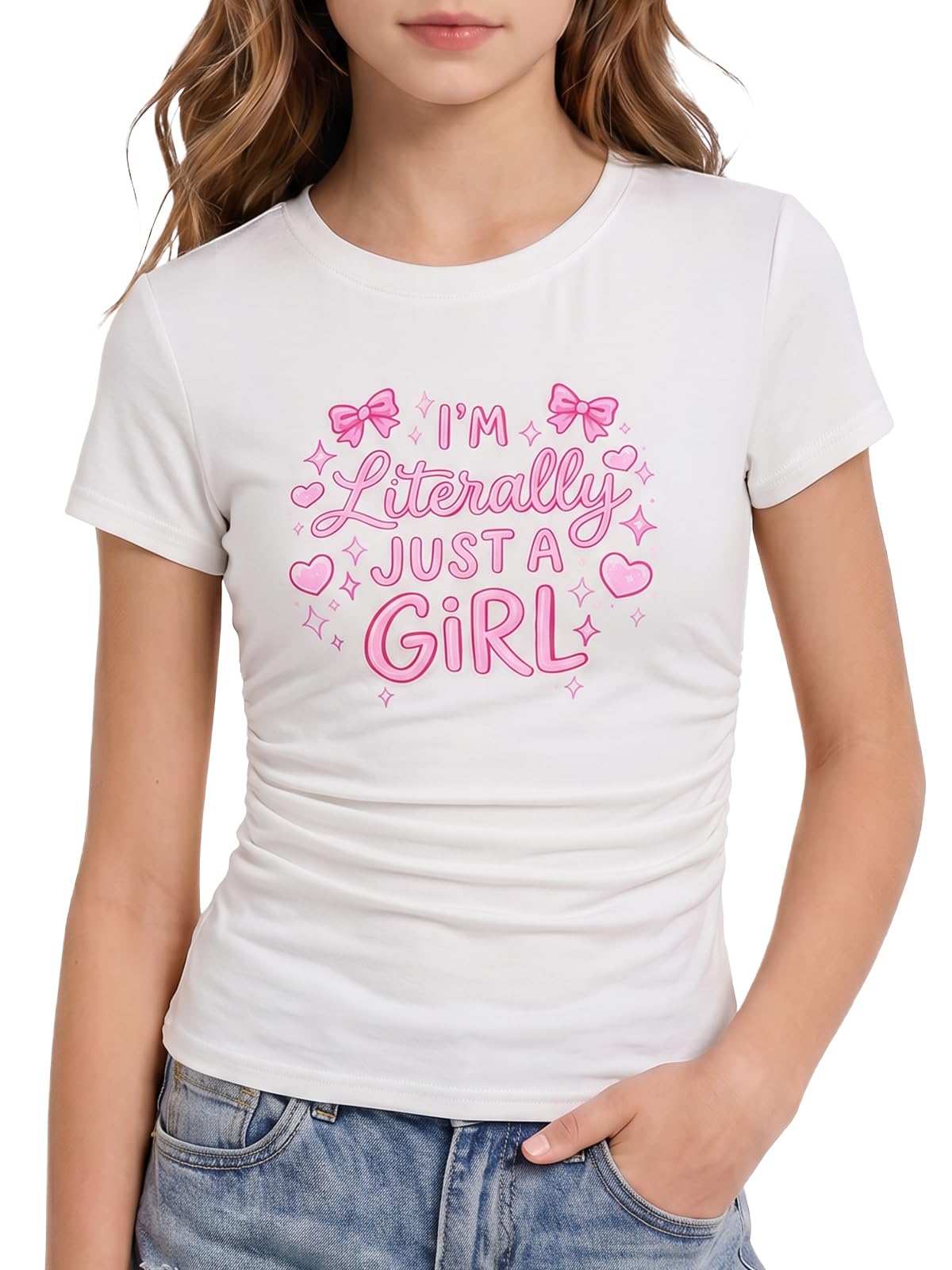Girls white graphic ruched side T shirt with soft stretch fabric, comfortable casual top for school and daily wear.