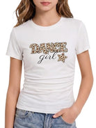Girls white letter graphic T shirt with short sleeves and casual fit, comfortable everyday top for kids.