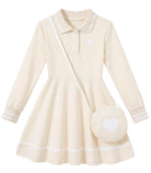 Girls white long sleeve polo dress with matching heart shoulder bag, elegant collared kids dress for school and special occasions.