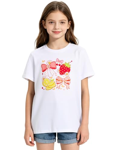 Girls white strawberry graphic cotton T shirt with short sleeves, soft stretch fabric and cute print design for everyday wear.