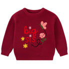 Girls wine red knit sweater with Big Sis lettering and colorful heart and floral details for cozy sibling-themed outfits.