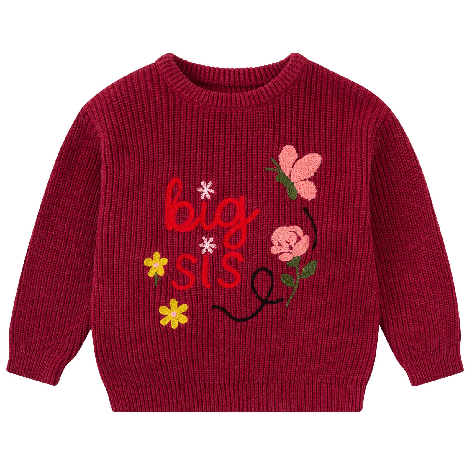 Girls wine red knit sweater with Big Sis lettering and colorful heart and floral details for cozy sibling-themed outfits.