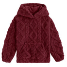 Girls wine red coral fleece hoodie with plush texture, cozy hood and comfortable pullover fit for cold-weather casual wear.
