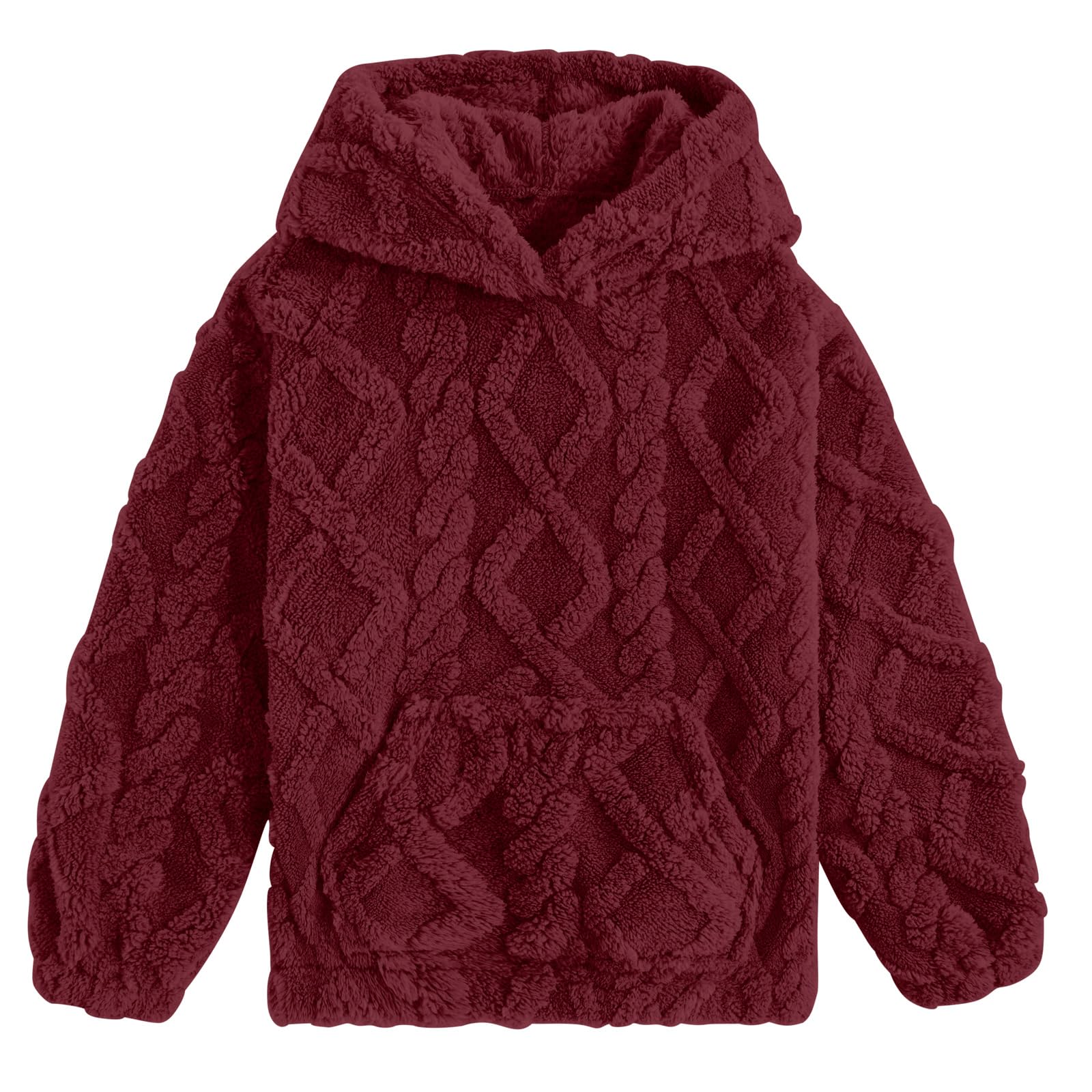 Girls wine red coral fleece hoodie with plush texture, cozy hood and comfortable pullover fit for cold-weather casual wear.
