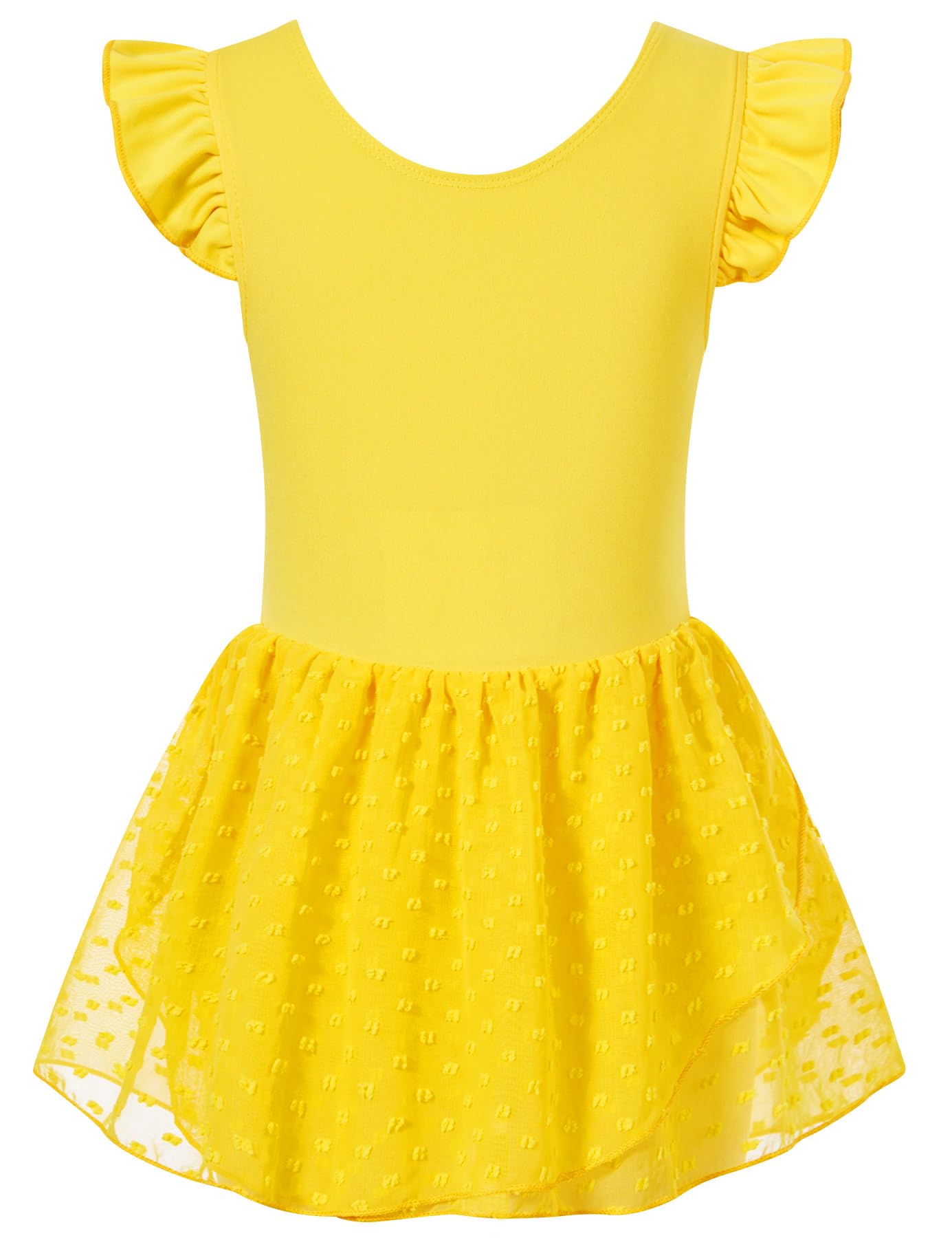 Girls yellow ballet leotard dress with soft stretch fabric, cute outfit for ballet practice and performances.