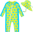 Toddler girls yellow fish print long sleeve rash guard swimsuit with front zipper and matching sun hat for beach and pool days.