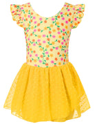 Girls yellow floral ballet dress with colorful printed bodice and flowing chiffon skirt, perfect for dance activities.