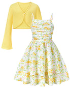 Girls Yellow Floral dress with matching cardigan designed for sunny vacations and special occasions.