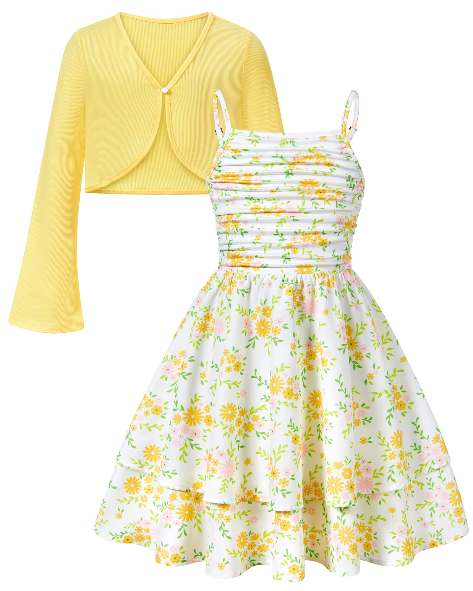 Girls Yellow Floral dress with matching cardigan designed for sunny vacations and special occasions.