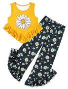 Girls yellow floral ruffle tank top and pants set, bright summer outfit for kids vacations and special occasions.