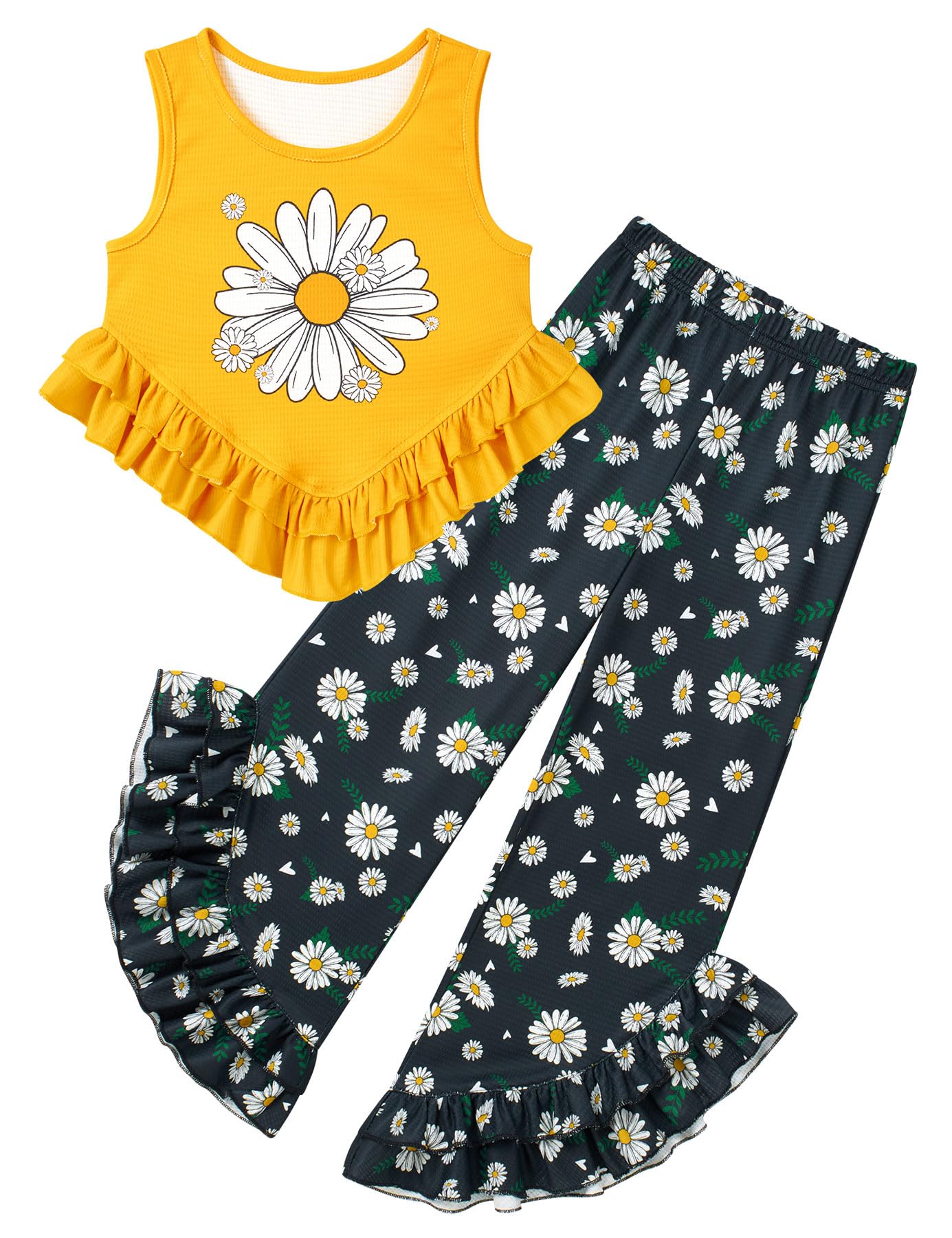 Girls yellow floral ruffle tank top and pants set, bright summer outfit for kids vacations and special occasions.