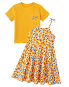 Girls yellow floral sundress set with T-shirt top and adjustable straps, bright summer clothing for kids.