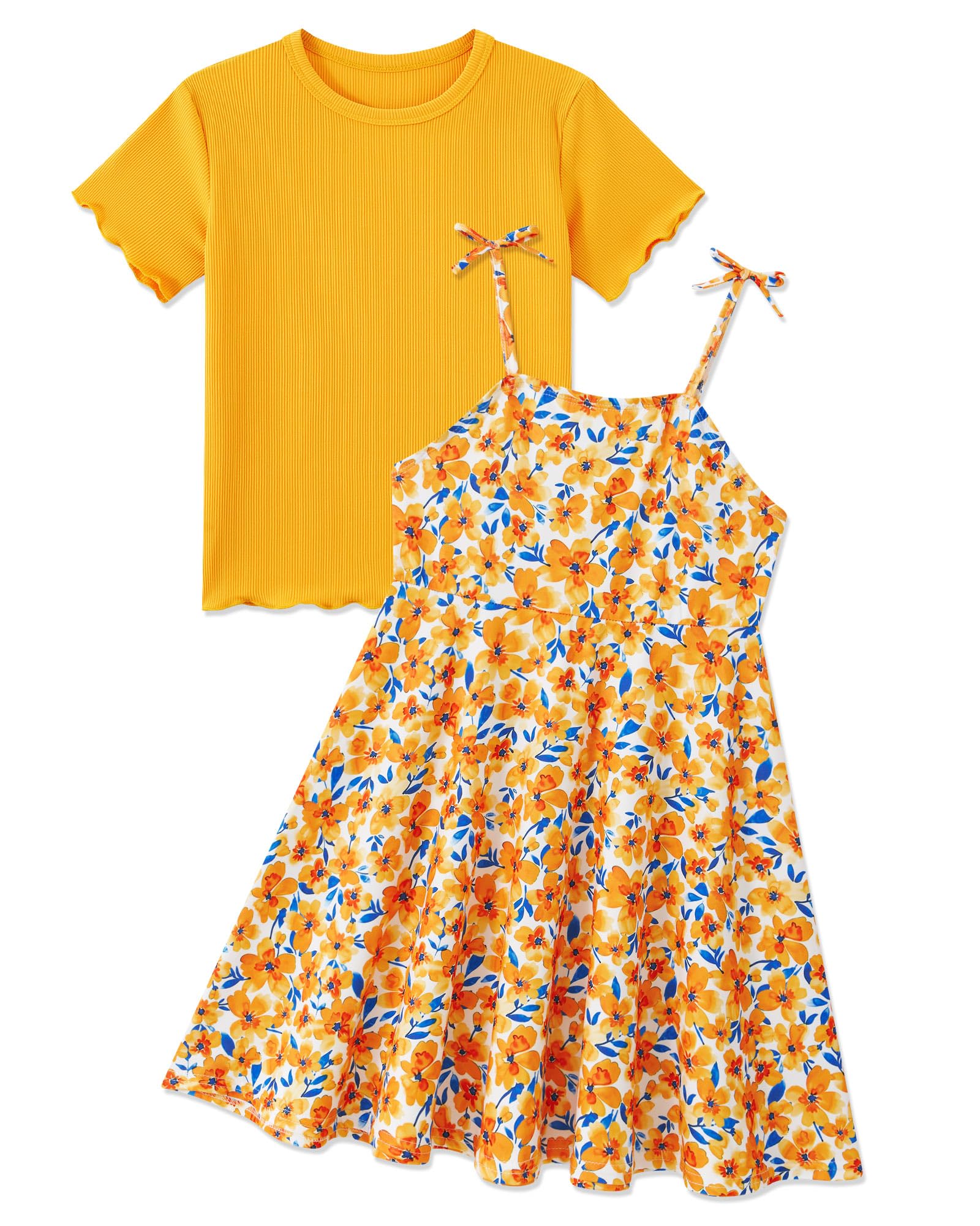 Girls yellow floral sundress set with T-shirt top and adjustable straps, bright summer clothing for kids.