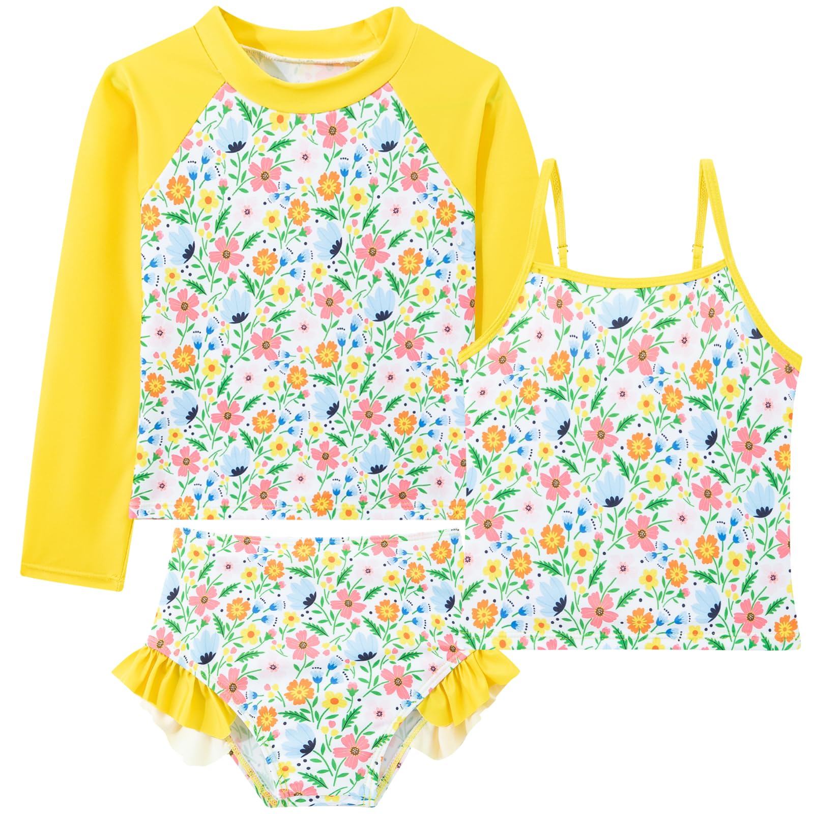 Girls yellow floral tankini swim set with long sleeve rash guard and ruffle shorts, bright kids swimwear for summer.