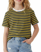 Girls yellow striped short sleeve top with cotton blend fabric, lightweight casual shirt for kids.