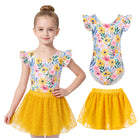 Girls yellow sunflower ballet dress set with skirt, cute performance outfit for dance classes and special occasions.