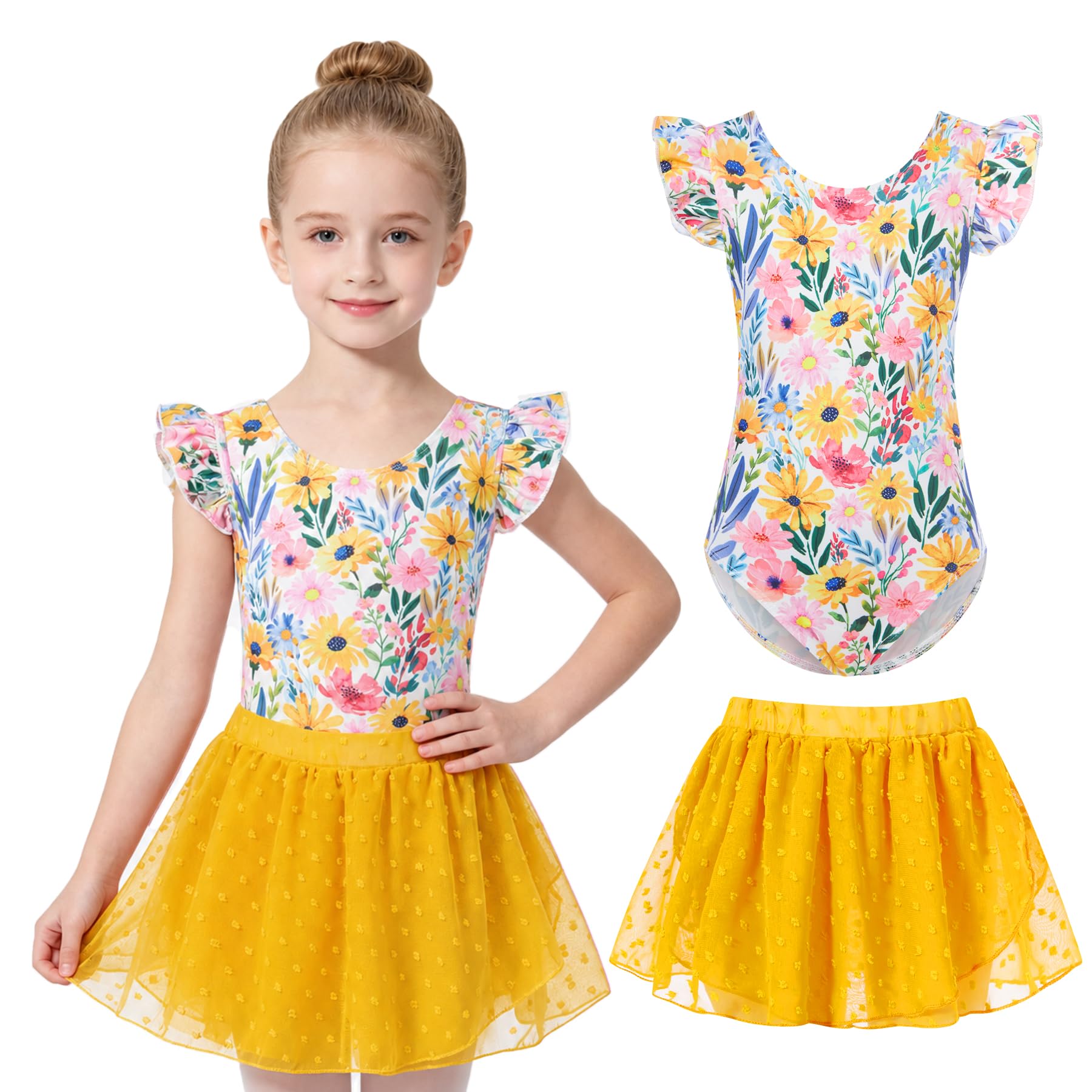 Girls yellow sunflower ballet dress set with skirt, cute performance outfit for dance classes and special occasions.