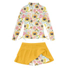 Girls yellow sunflower floral rash guard swimsuit with skirt bottom, bright summer swimwear for beach vacations and holidays.