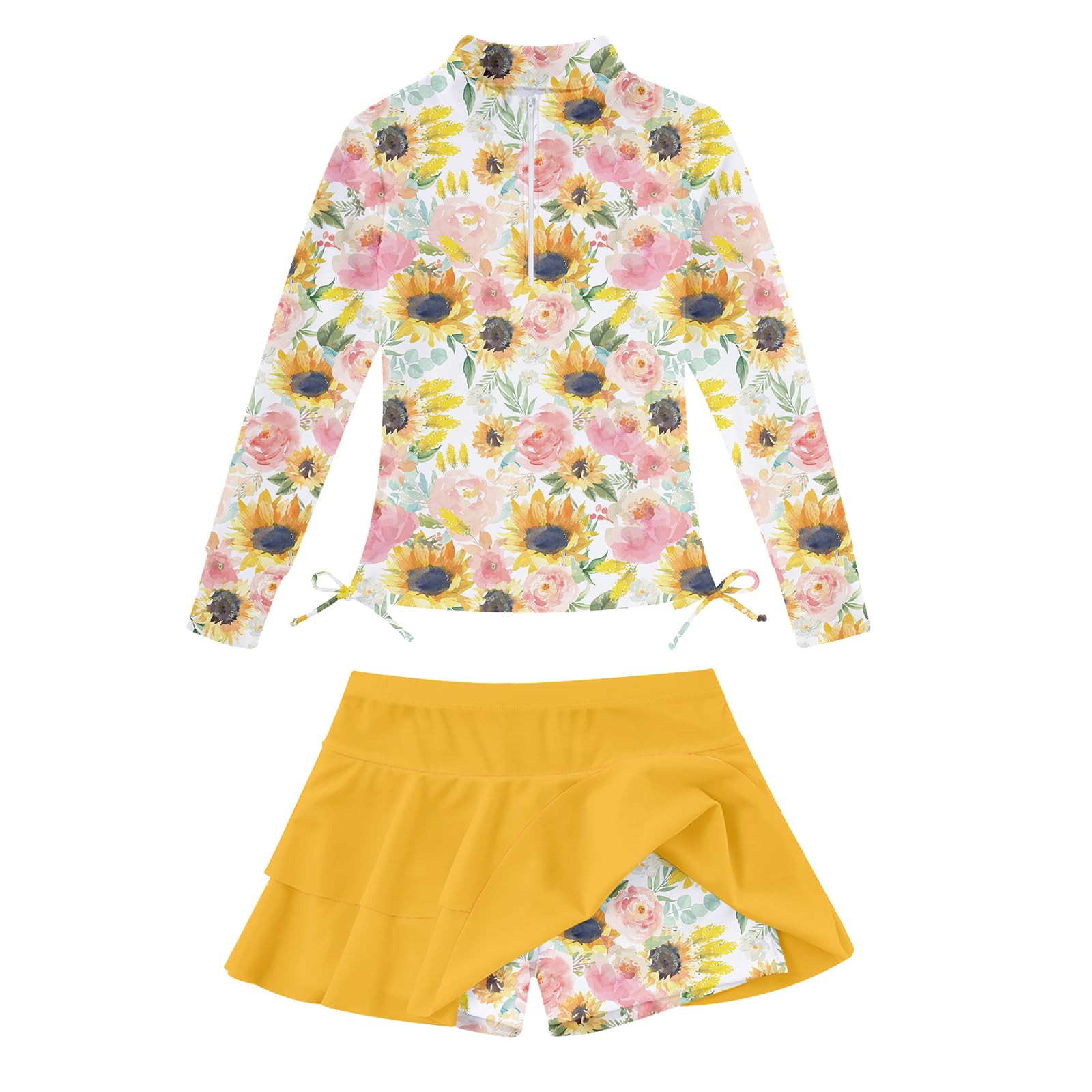 Girls yellow sunflower floral rash guard swimsuit with skirt bottom, bright summer swimwear for beach vacations and holidays.