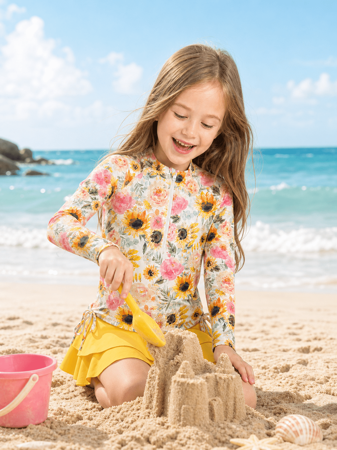 Girl wearing a Yellow Sunflowers long sleeve rash guard swimsuit set while sitting on the beach, showing a cute summer vacation swimwear style.