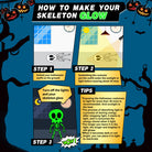 Guide showing how to activate kids glow in the dark skeleton costume by exposing the print to light before wearing it at night.