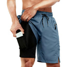 Men's gray-blue 2-in-1 athletic shorts with quick-dry fabric.