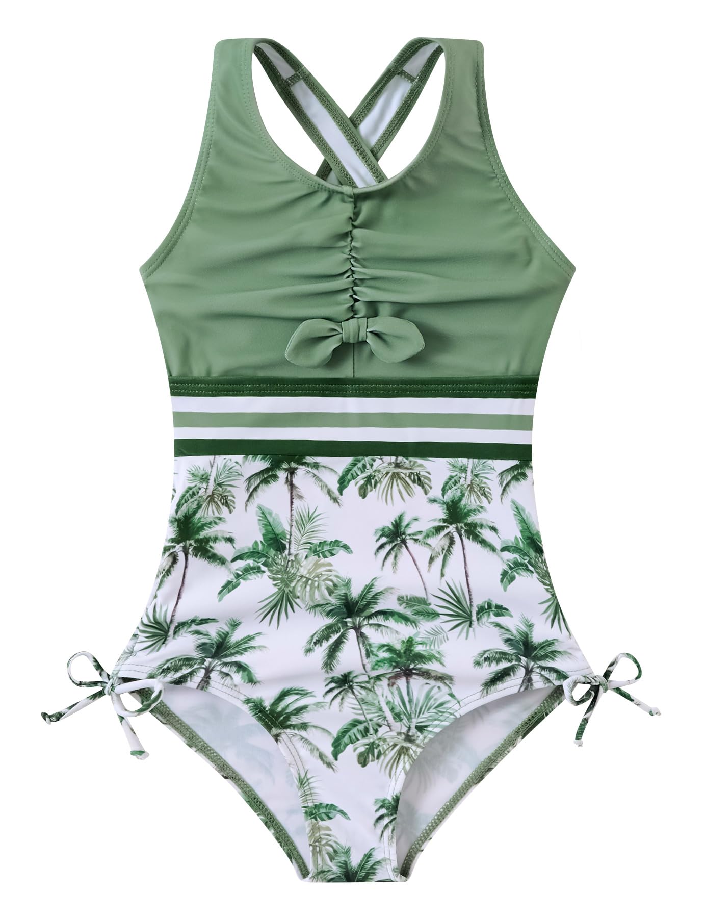 Girls green one piece swimsuit with cross back straps, palm tree print bottom, stretch fabric and comfortable fit for swimming, beach and summer activities.
