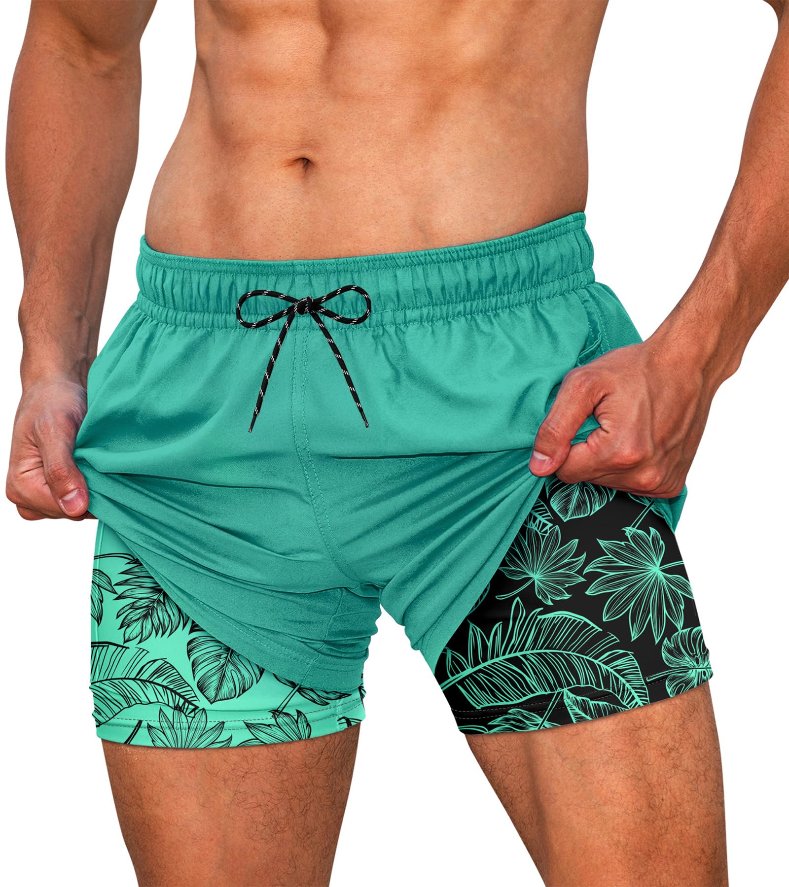 Men's green leaf swim trunks with tropical vacation pattern
